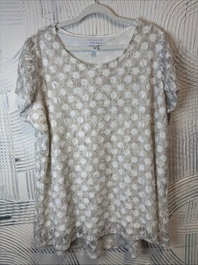 Susan Graver Ivory Lace Overlay Short Sleeve Blouse N0664